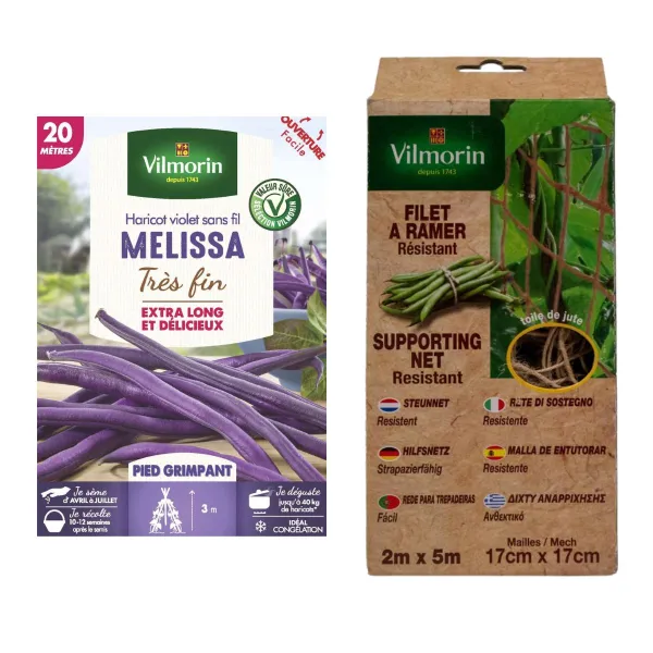 Kit de jardinage - Kit semis Haricot Grimpant Melissa 20m + Filet à ramer Jute - 2m x 5m - PACKAGING_3D_VERSO