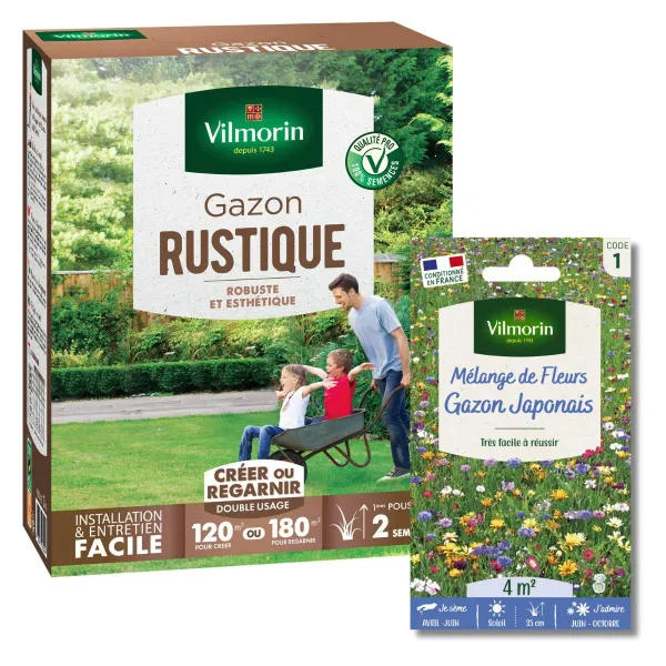 Rustique - Gazon Rustique - 3 kg + Gazon Japonais - 4 m² - Mélange de fleurs - face recto