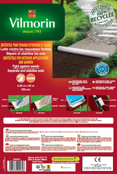 Aménagement des allées, massifs et haies - Géotextile Recyclé Travaux Extérieurs - 100 g/m² - 0.5 m x 50 m - Blanc - PACKAGING_RECTO