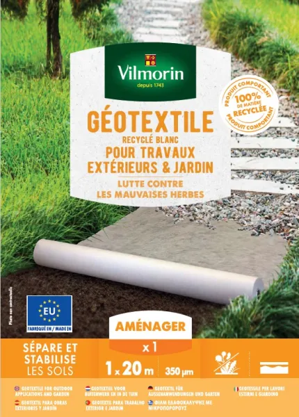 Aménagement des allées, massifs et haies - Géotextile Recyclé Travaux Extérieurs - 100 g/m² - 1 m x 20 m - Blanc - PACKAGING_RECTO