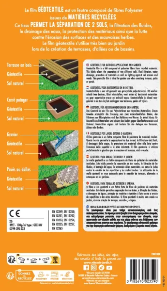 Aménagement des allées, massifs et haies - Géotextile Recyclé Travaux Extérieurs - 100 g/m² - 1 m x 20 m - Marron - MEDIA_PACKAGING_VERSO