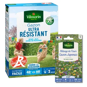 Gazon Ultra Résistant - Label Rouge - 1 kg + Gazon Japonais - 4 m² - Mélange de fleurs