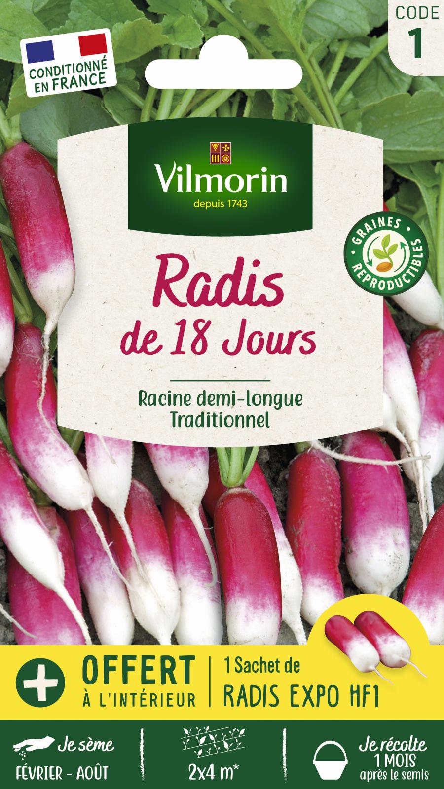Radis de 18 Jours | Demi-long rose à bout blanc | Vilmorin Jardin